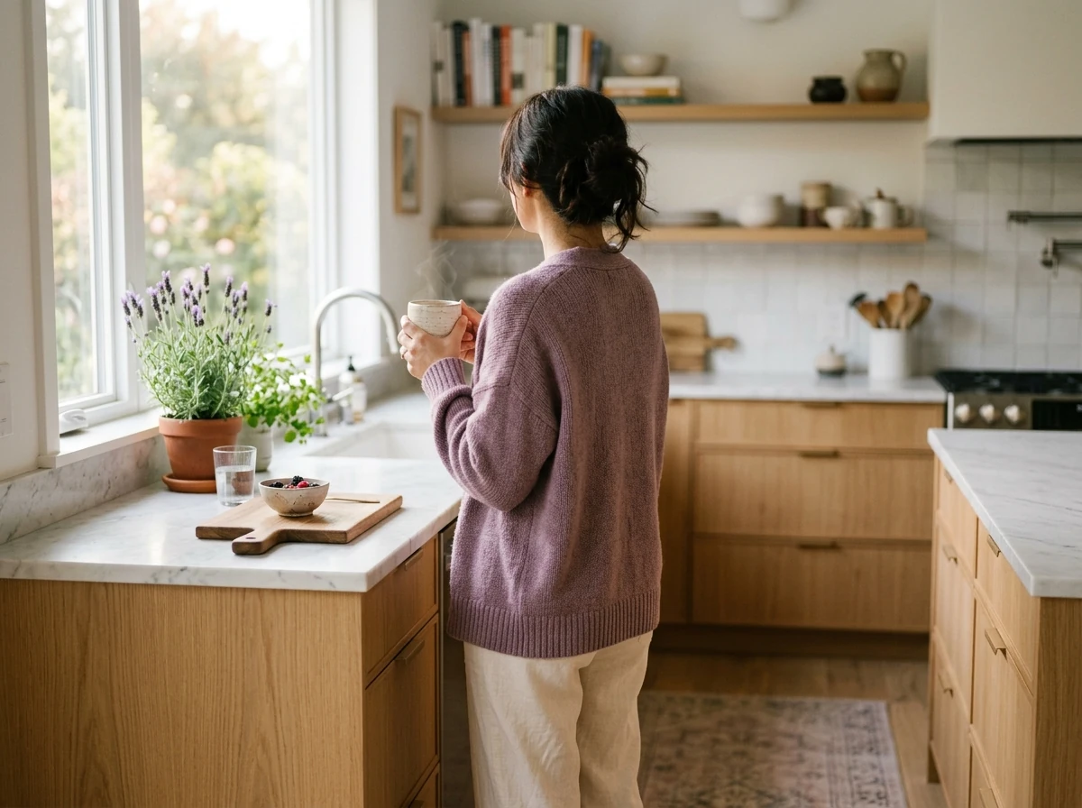 Anonieme vrouw in een moderne keuken - ochtend welzijnsroutine met supplement